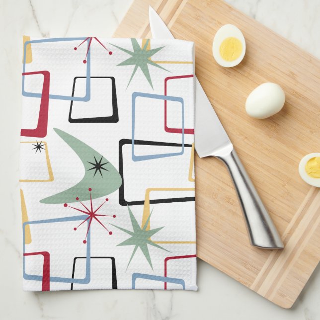 Funky Atomic Stars Boomerang Squares Mid Century Tea Towel (Quarter Fold)