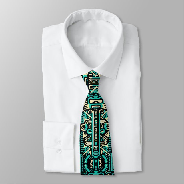 Funky Aztec Style Blue Pattern Tie (Tied)