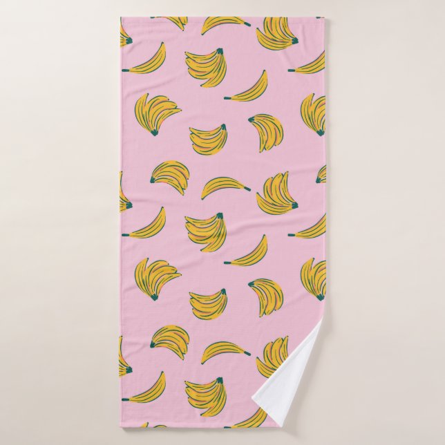 Funky banana illustrations in yellow over pink bath towel (Bath Towel)
