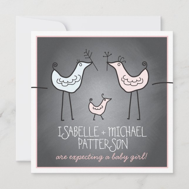 Funky Birds Modern Chalkboard Couples Baby Shower Invitation (Front)