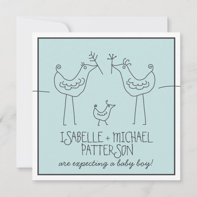Funky Birds Modern Family Couples Baby Boy Shower Invitation (Front)