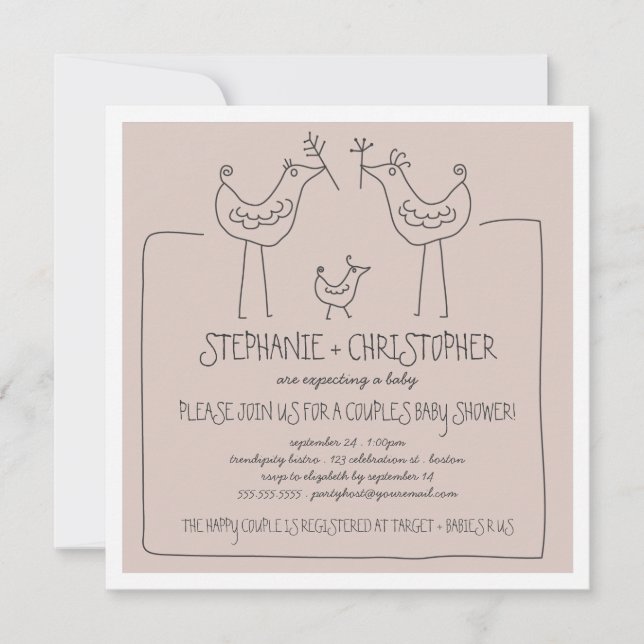 Funky Birds Modern Family Couples Baby Shower Tan Invitation (Front)