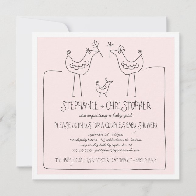 Funky Birds Modern Family Couples Girl Baby Shower Invitation (Front)