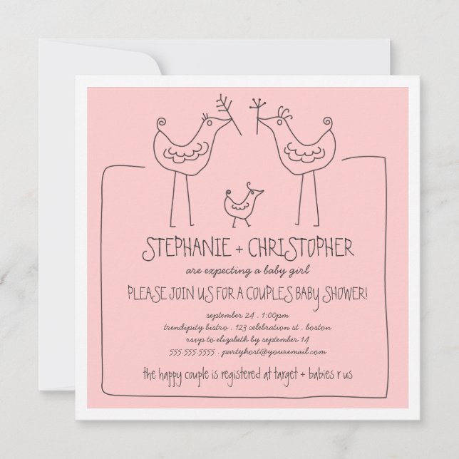 Funky Birds Modern Family Couples Girl Baby Shower Invitation (Front)