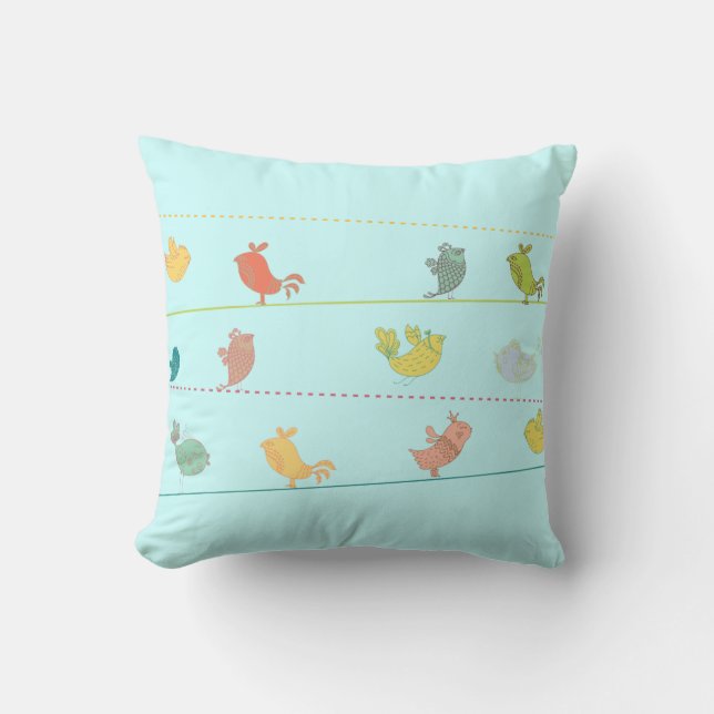 funky birds on a wire throw pillow blue (Front)