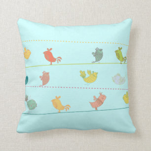 funky birds on a wire throw pillow blue