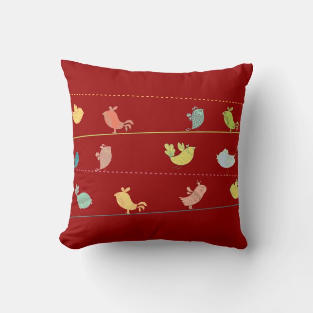 funky birds on a wire throw pillow_red cushion (Front)