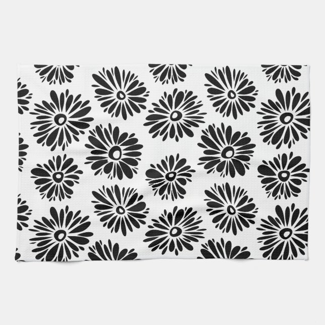 Funky Black and white floral Tea Towel (Horizontal)