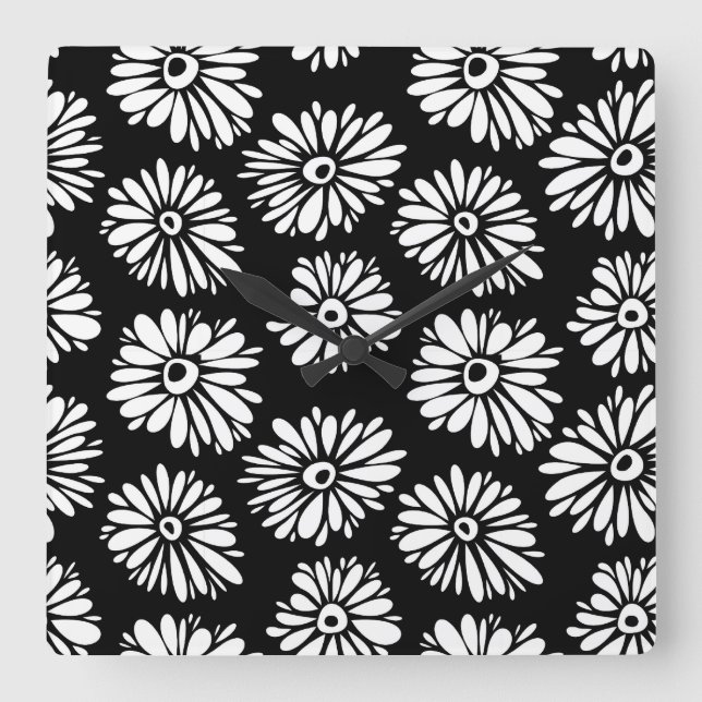 Funky Black and white flowers Square Wall Clock (Front)