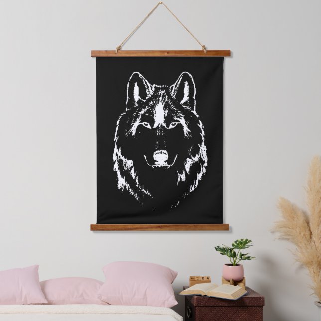 Funky Black And White Wolf Face Head Sketch Hanging Tapestry (Bedroom)