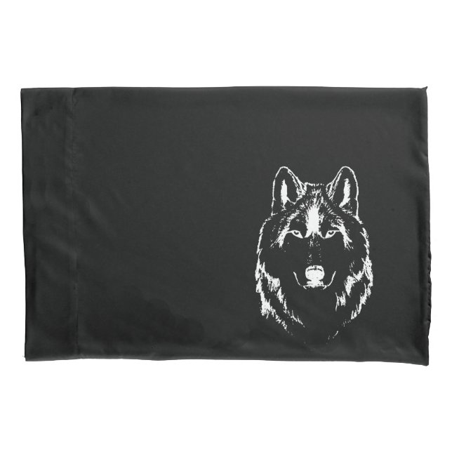 Funky Black And White Wolf Face Head Sketch Pillowcase (Front)