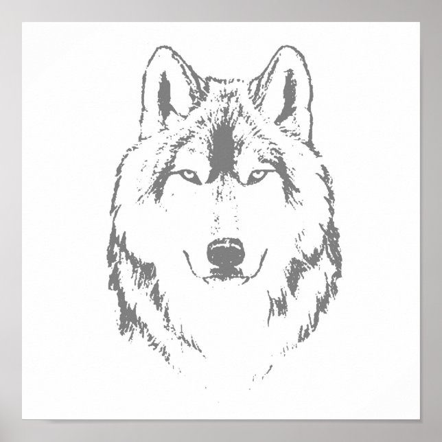 Funky Black And White Wolf Face Head Sketch Poster (Front)
