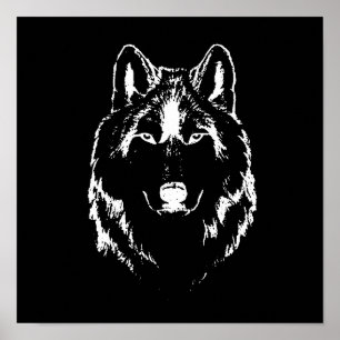 Funky Black And White Wolf Face Head Sketch Poster