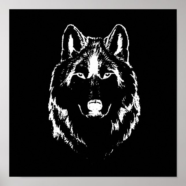 Funky Black And White Wolf Face Head Sketch Poster (Front)