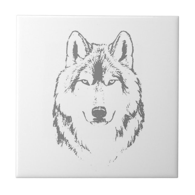 Funky Black And White Wolf Face Head Sketch Tile (Front)