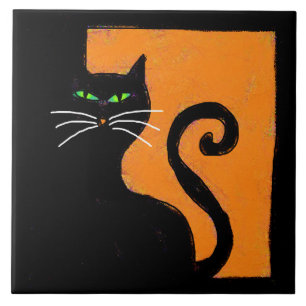 Funky Black Cat Abstract Halloween Art Tile