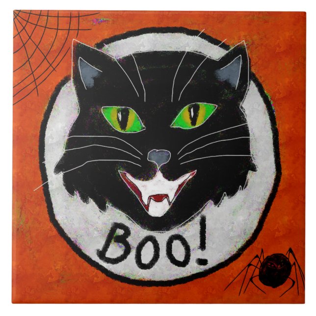 Funky Black Cat Abstract Halloween Art Tile (Front)