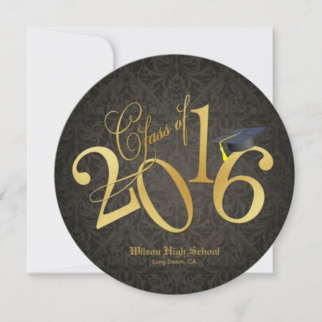 Funky Black & Gold Class of 2016 Graduation Invitation (Front)