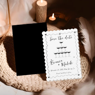 Funky Black Handwritten Champagne Tower Wedding  Save The Date