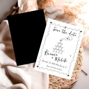 Funky Black Handwritten Champagne Tower Wedding  Save The Date