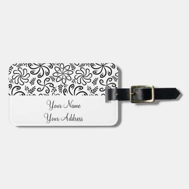 Funky black white flowers Luggage Tag (Front Horizontal)
