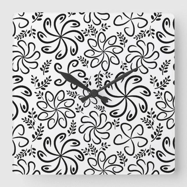 Funky black white flowers Wall Clock (Front)