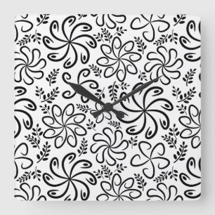 Funky black white flowers Wall Clock