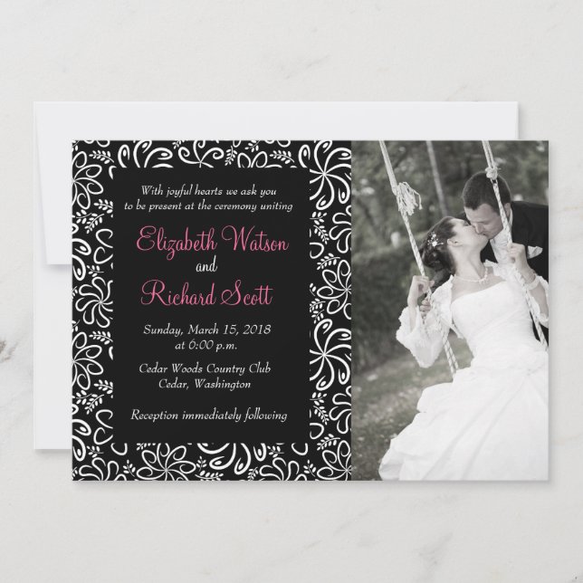 Funky black white flowers wedding invitation (Front)