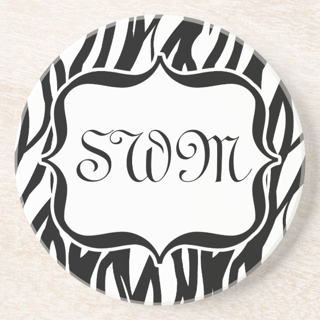 Funky Black/White Zebra Monogram Coaster (Front)