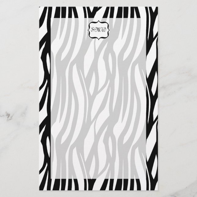 Funky Black/White Zebra Monogram Stationery (Front)
