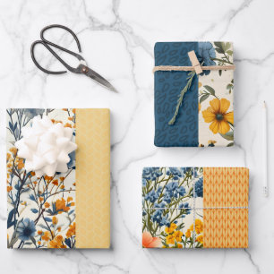 Funky Blue And Yellow Vintage Floral Half Mix Wrapping Paper Sheet