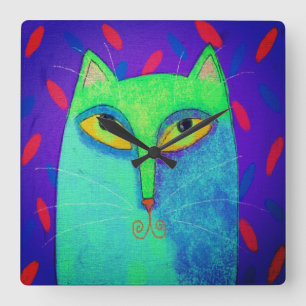 Funky Blue Cat Abstract Art Square Wall Clock