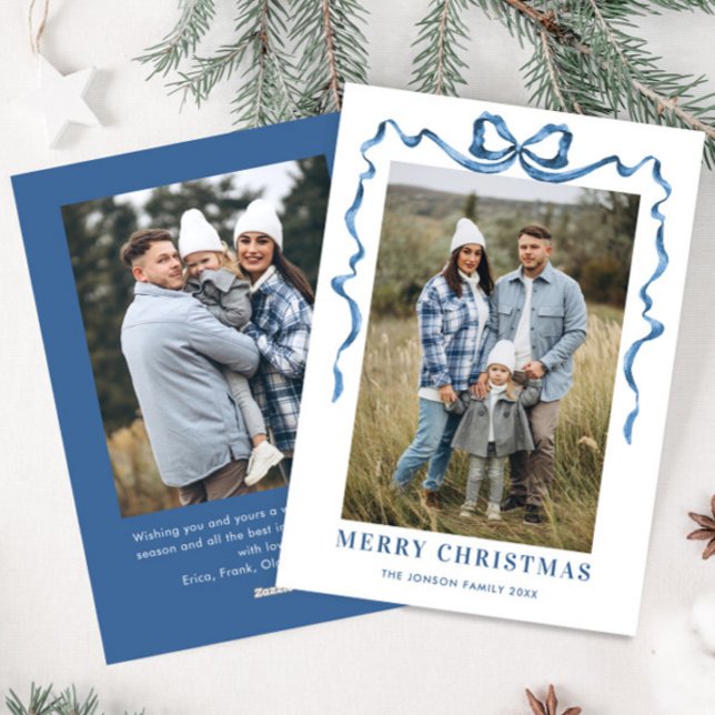 Funky Blue Christmas Bow Ribbon 2 Photo Holiday Card (Creator Uploaded)