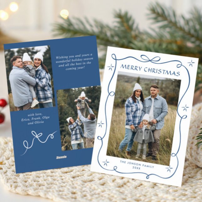 Funky Blue Christmas Bow Ribbon 3 Photo Holiday Card (Creator Uploaded)