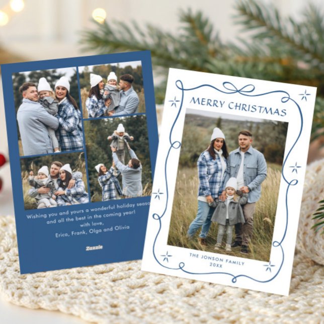 Funky Blue Christmas Bow Ribbon 5 Photo Holiday Card (Creator Uploaded)
