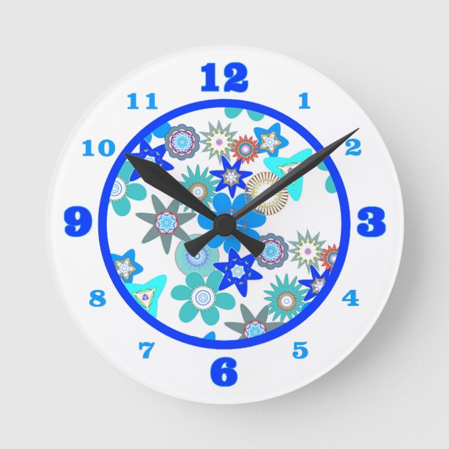 Funky Blue Flower Pattern Round Clock (Front)