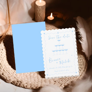 Funky Blue Handwritten Champagne Tower Wedding  S Save The Date