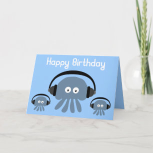 Funky Blue Jellyfish DJ Birthday Greeting Card