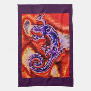 Funky Blue Purple Orange Lizard Gecko Southwestern Tea Towel
