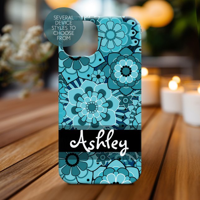 Funky Blue Retro Floral Pattern with Name Case-Mate iPhone Case (Personalized Phone Case)