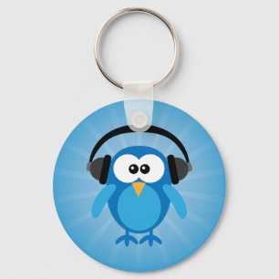 Funky Blue Retro Owl With Headphones Key Ring