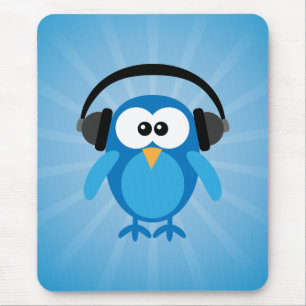 Funky Blue Retro Owl With Headphones Mouse Mat