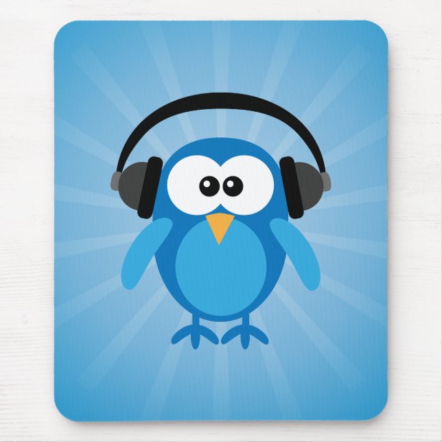 Funky Blue Retro Owl With Headphones Mouse Mat (Front)