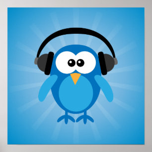 Funky Blue Retro Owl With Headphones Poster