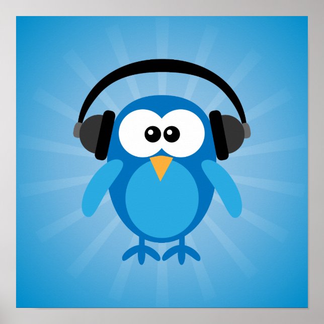 Funky Blue Retro Owl With Headphones Poster (Front)