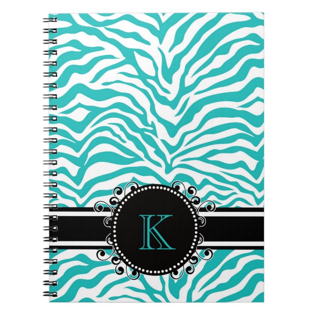 Funky Blue Zebra Print with Ribbon Monogram Notebook (Front)