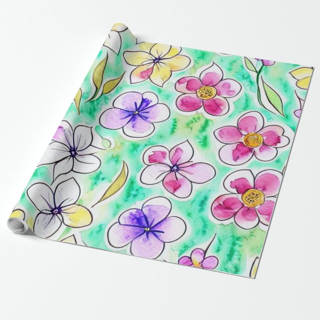 Funky Boho Art Nouveau Floral Watercolor Wrapping Paper (Unrolled)
