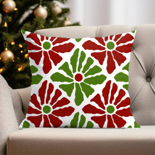 Funky Boho Christmas Poinsettia Flowers Red Green  Cushion