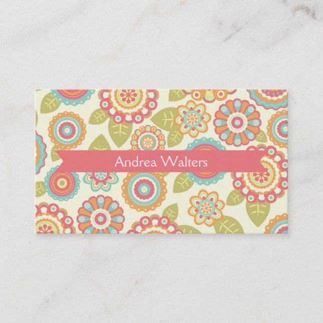 Funky Boho Retro Flowers Wedding Business Card (Front)