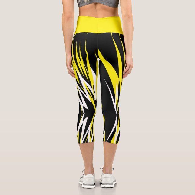Funky Bold Abstract Art Black Yellow White Capri Leggings (Back)